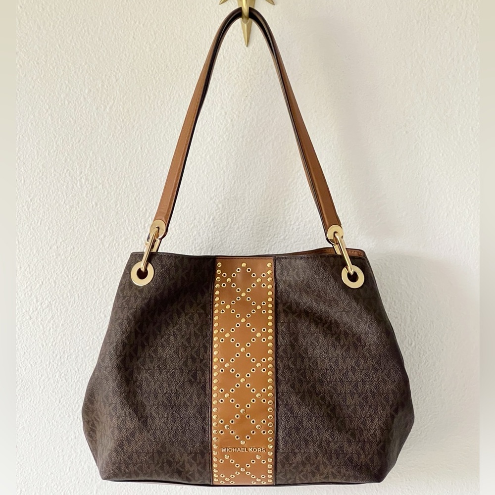 Michael Kors Brown Signature Coated Canvas Raven Large Purse Tote Bag - Picture 8 of 16